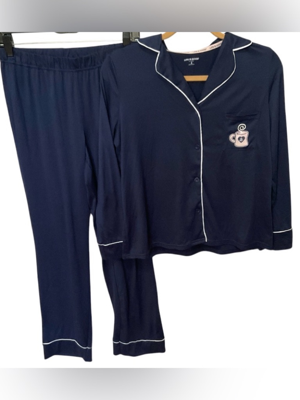 Life is Good Pajama Set Women's S Blue & White Piping Button up Top & Pants